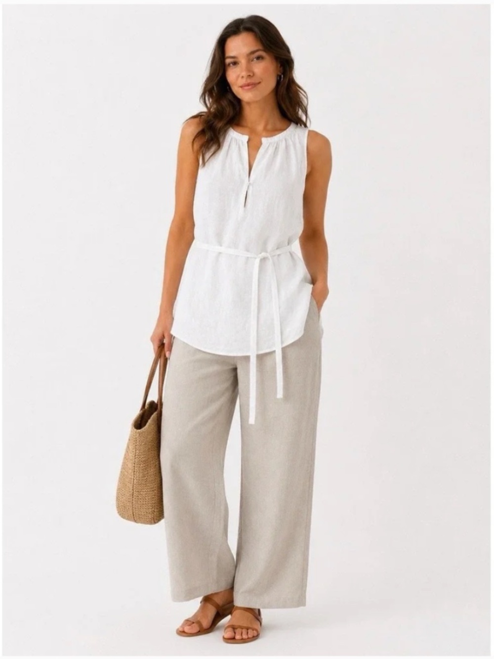 Eileen Fisher 100% White Irish Linen Sleeveless Tunic Top Belted Luxury Size M